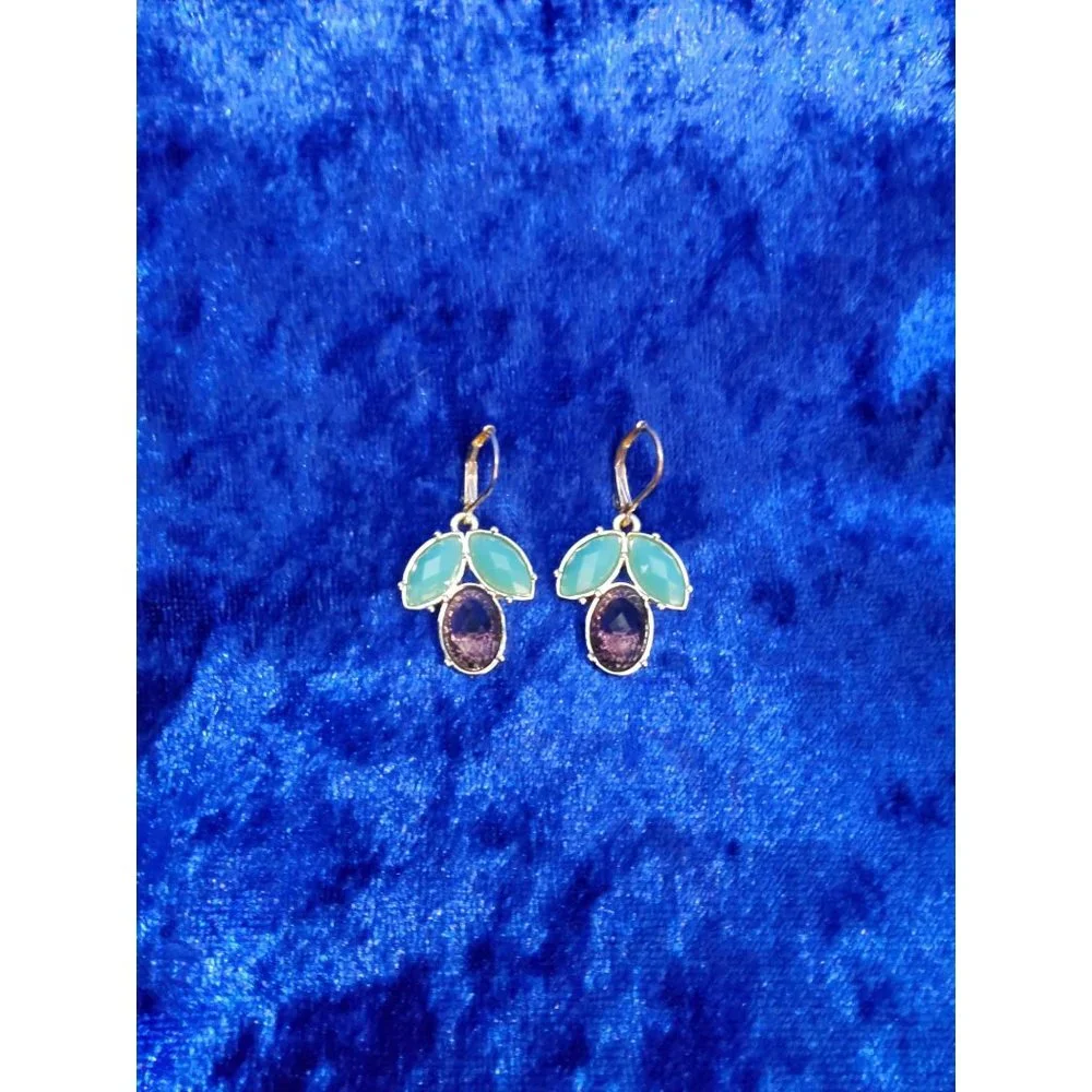 Vintage Signed Napier Goldtone Faux Turquoise and Amethyst Lever Back Drop Earri - Picture 1 of 2